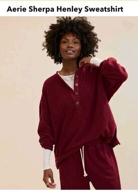 Aerie Sherpa Henley Sweatshirt Top Burgundy Red Women's S NWT A34.1